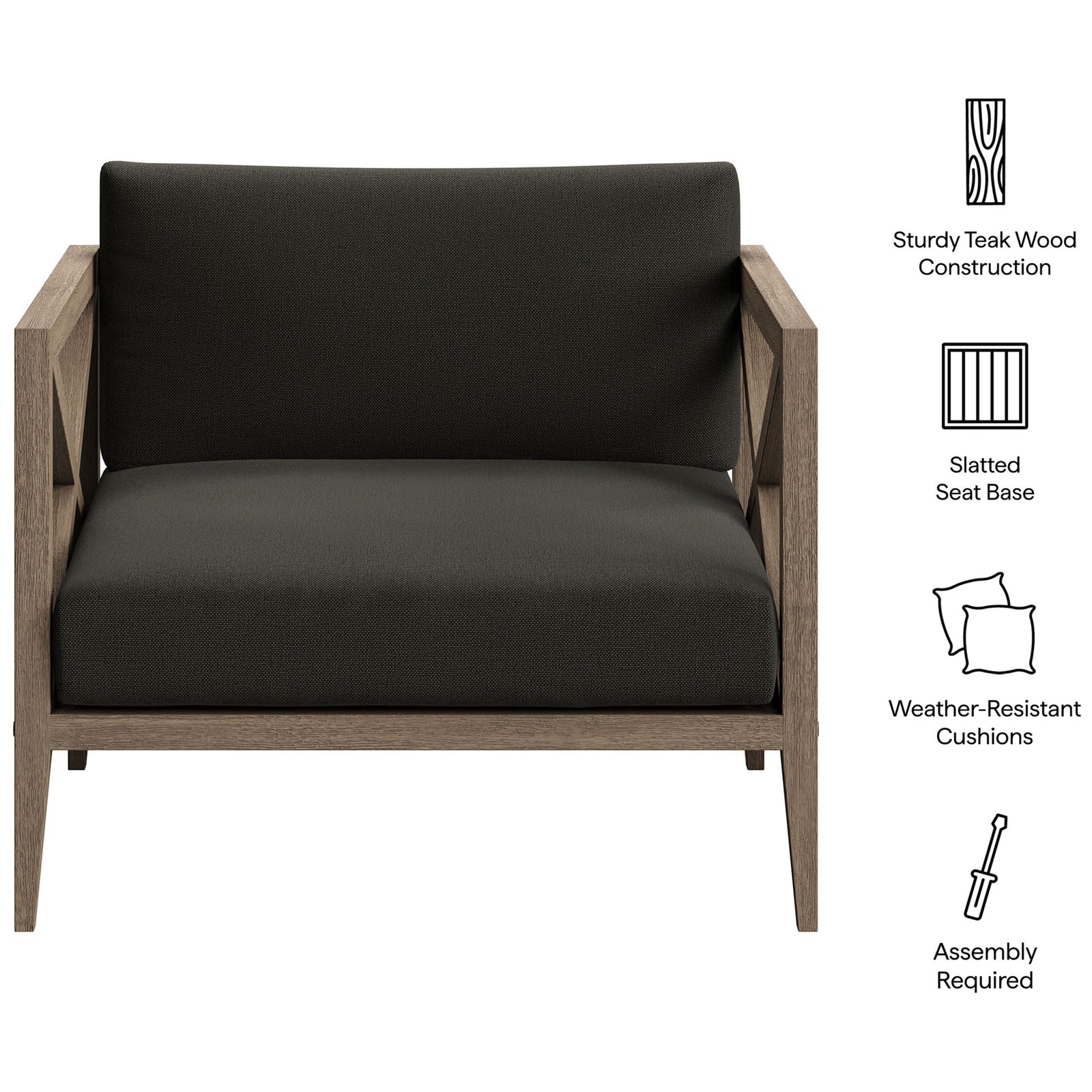 Northlake flint gray teak armchair with illustrated callouts for wood frame, slatted base, and outdoor cushions || EEI-7252-WGR-FLI || callout_studio