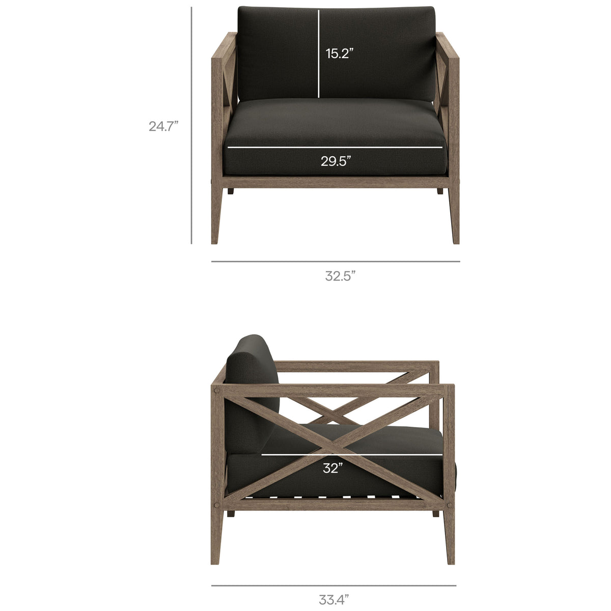 Dimension graphic for the Northlake flint gray armchair showing overall width, depth, height, and seat height || EEI-7252-WGR-FLI || dimension_studio
