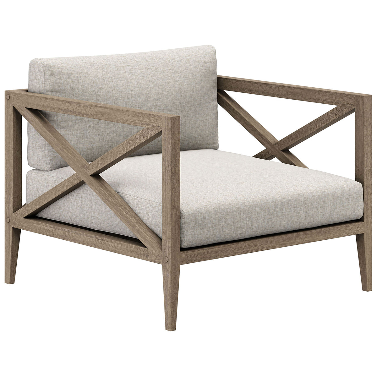Northlake teak armchair with soft pebble cushions and open cross-back sides for airy outdoor seating || EEI-7252-WGR-PEB || front_angle_studio
