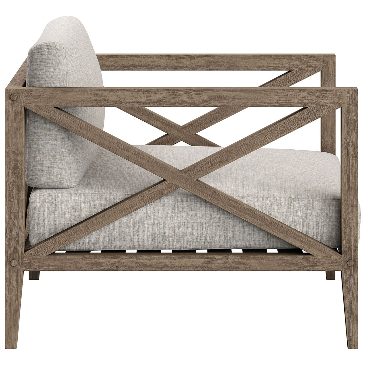 Streamlined teak arms and plush pebble cushions underline the sleek comfort of this outdoor chair || EEI-7252-WGR-PEB || side_studio