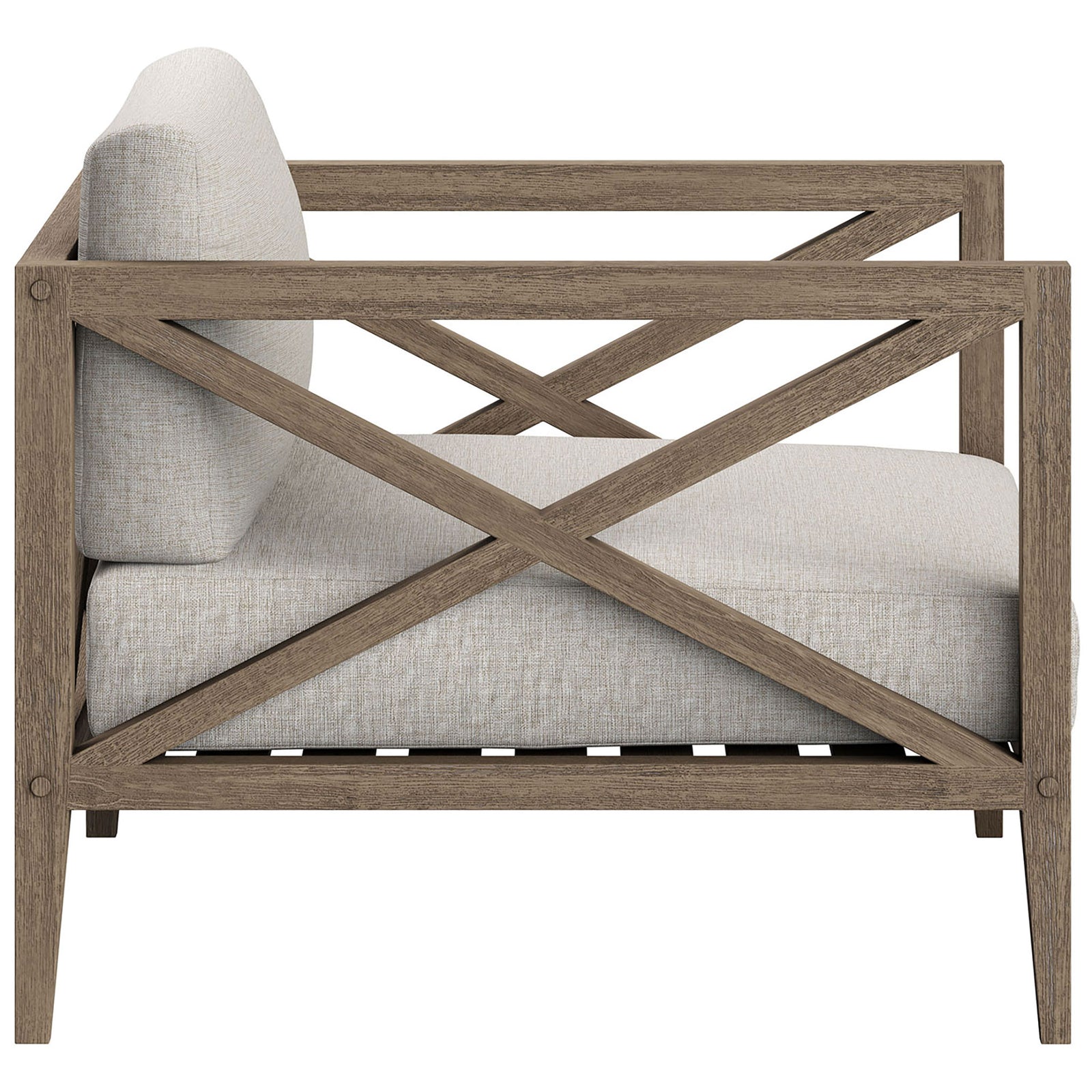 Streamlined teak arms and plush pebble cushions underline the sleek comfort of this outdoor chair || EEI-7252-WGR-PEB || side_studio