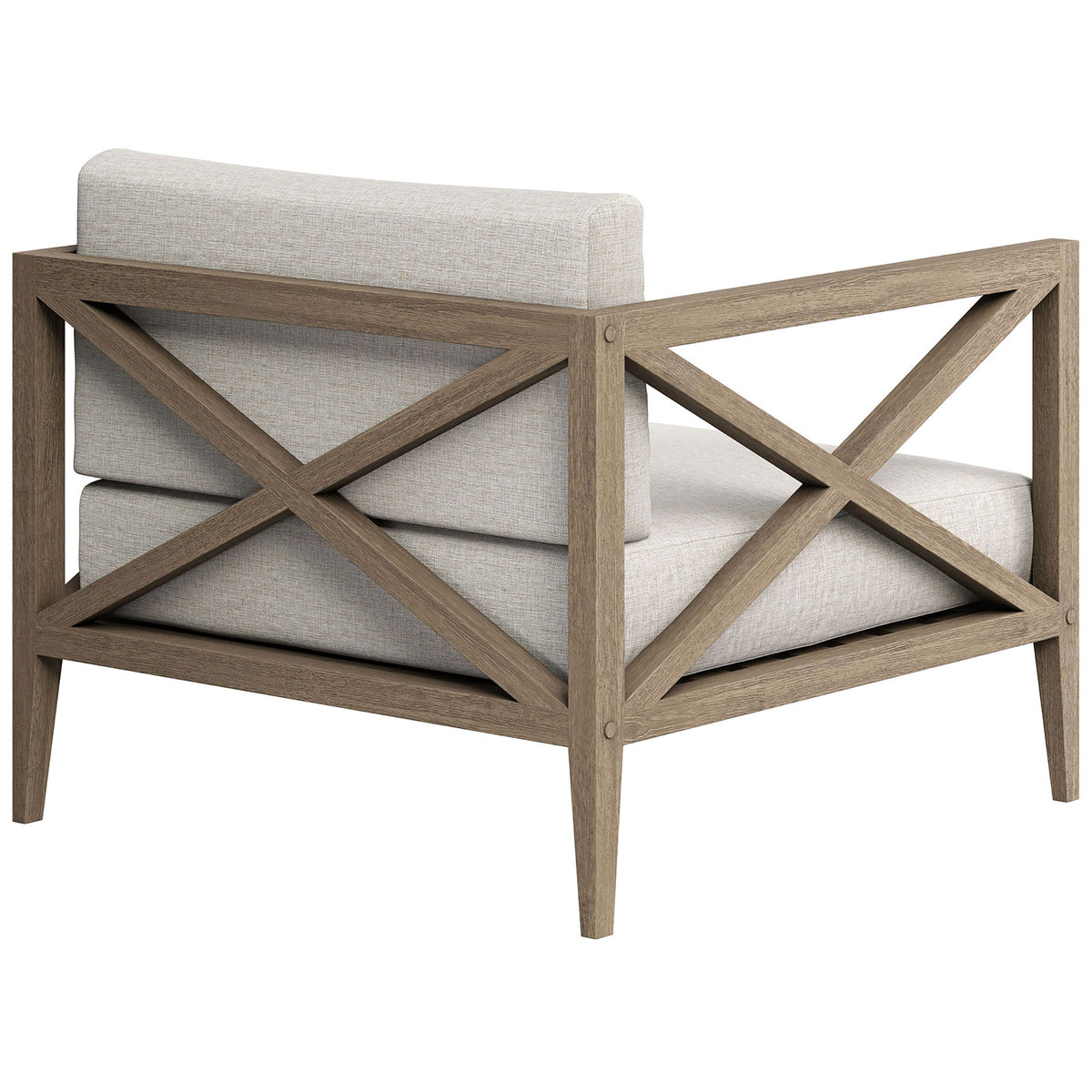 Teak cross-brace back and tapered legs frame the light pebble cushions with modern outdoor style || EEI-7252-WGR-PEB || back_angle_studio
