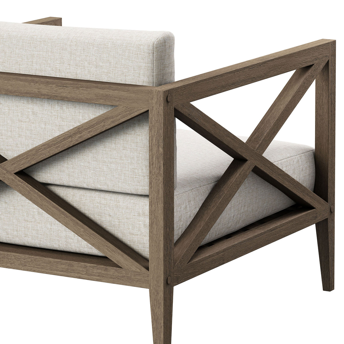 Detail of the teak cross-back frame and finely woven pebble upholstery on the Northlake armchair || EEI-7252-WGR-PEB || detail_studio