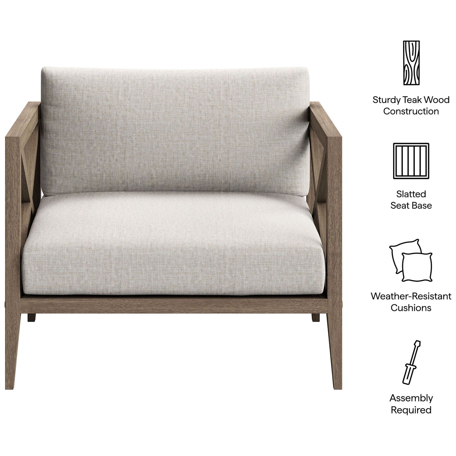 Pebble Northlake teak armchair with graphic icons calling out wood frame, seat slats, and durable cushions || EEI-7252-WGR-PEB || callout_studio