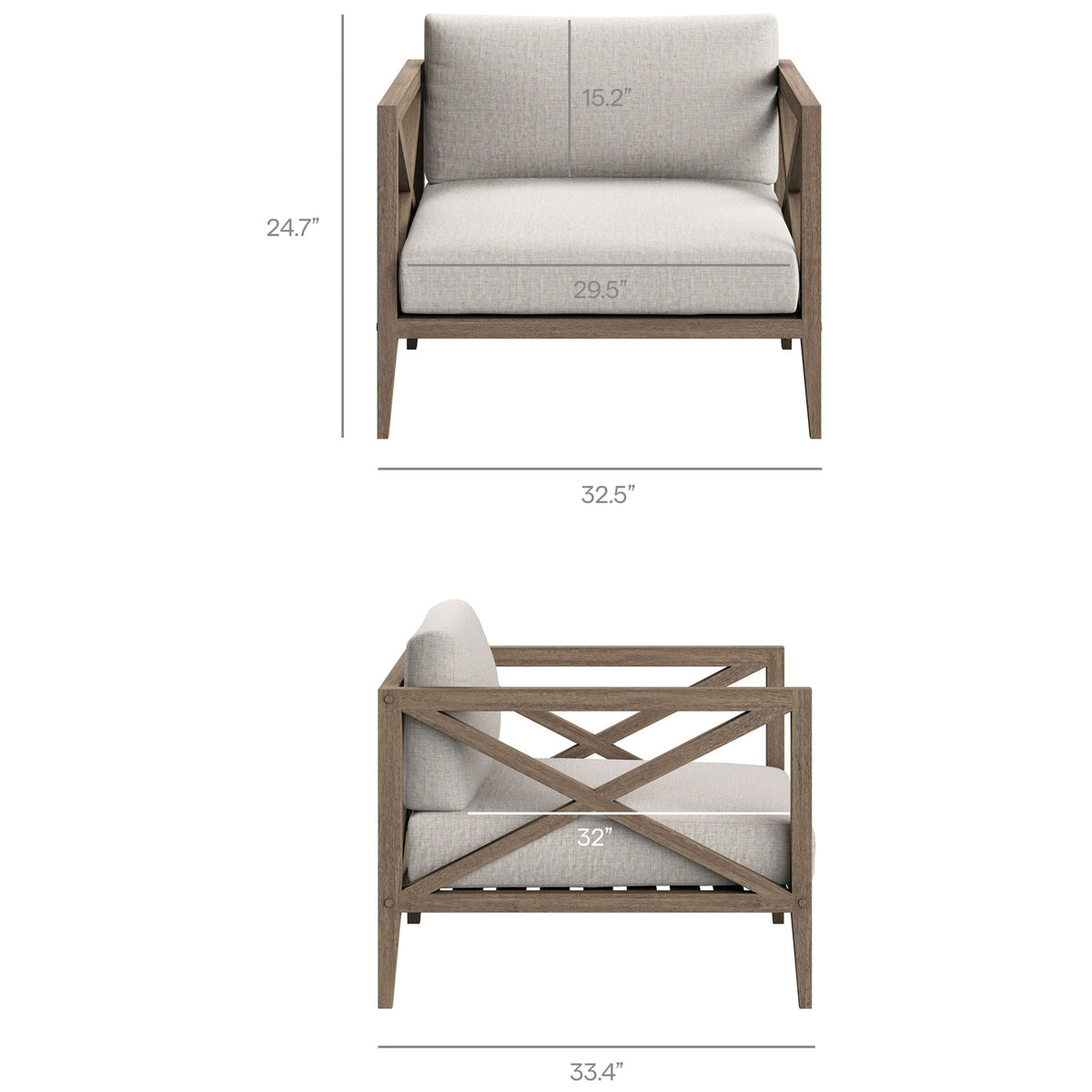 Dimension diagram for the Northlake pebble armchair detailing overall size and generous seat measurements || EEI-7252-WGR-PEB || dimension_studio