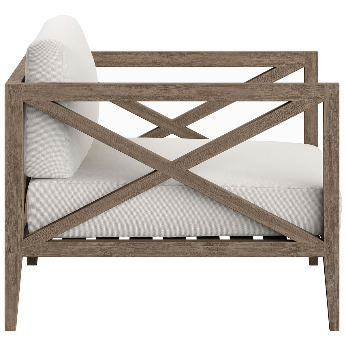 Slender teak arms and low profile highlight the deep cushioning and relaxed feel of this white outdoor chair || EEI-7252-WGR-WHI || side_studio