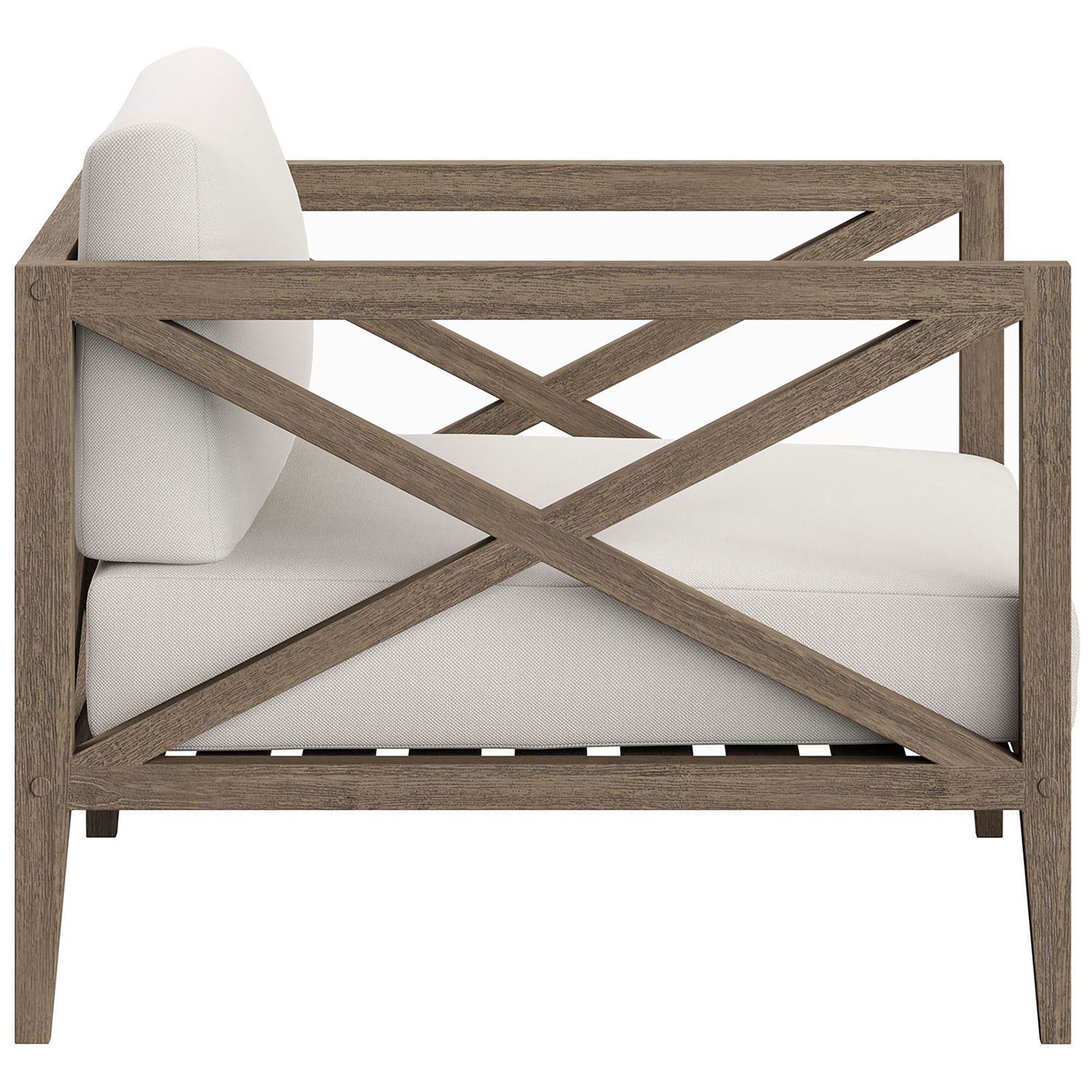 Slender teak arms and low profile highlight the deep cushioning and relaxed feel of this white outdoor chair || EEI-7252-WGR-WHI || side_studio