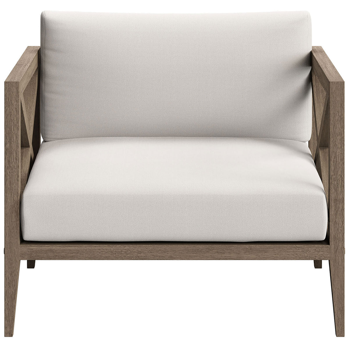 Spacious Northlake teak lounge chair with supportive back and bright white cushions for breezy relaxation || EEI-7252-WGR-WHI || front_studio