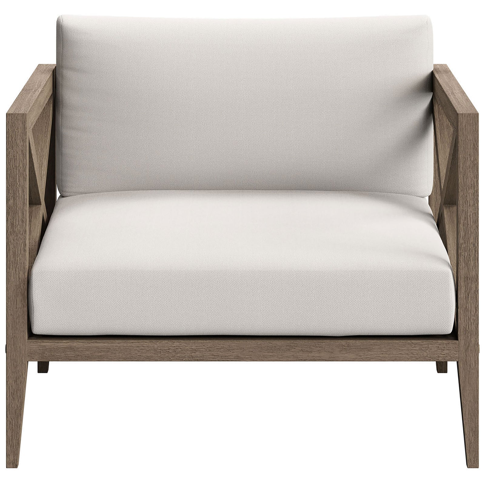 Spacious Northlake teak lounge chair with supportive back and bright white cushions for breezy relaxation || EEI-7252-WGR-WHI || front_studio