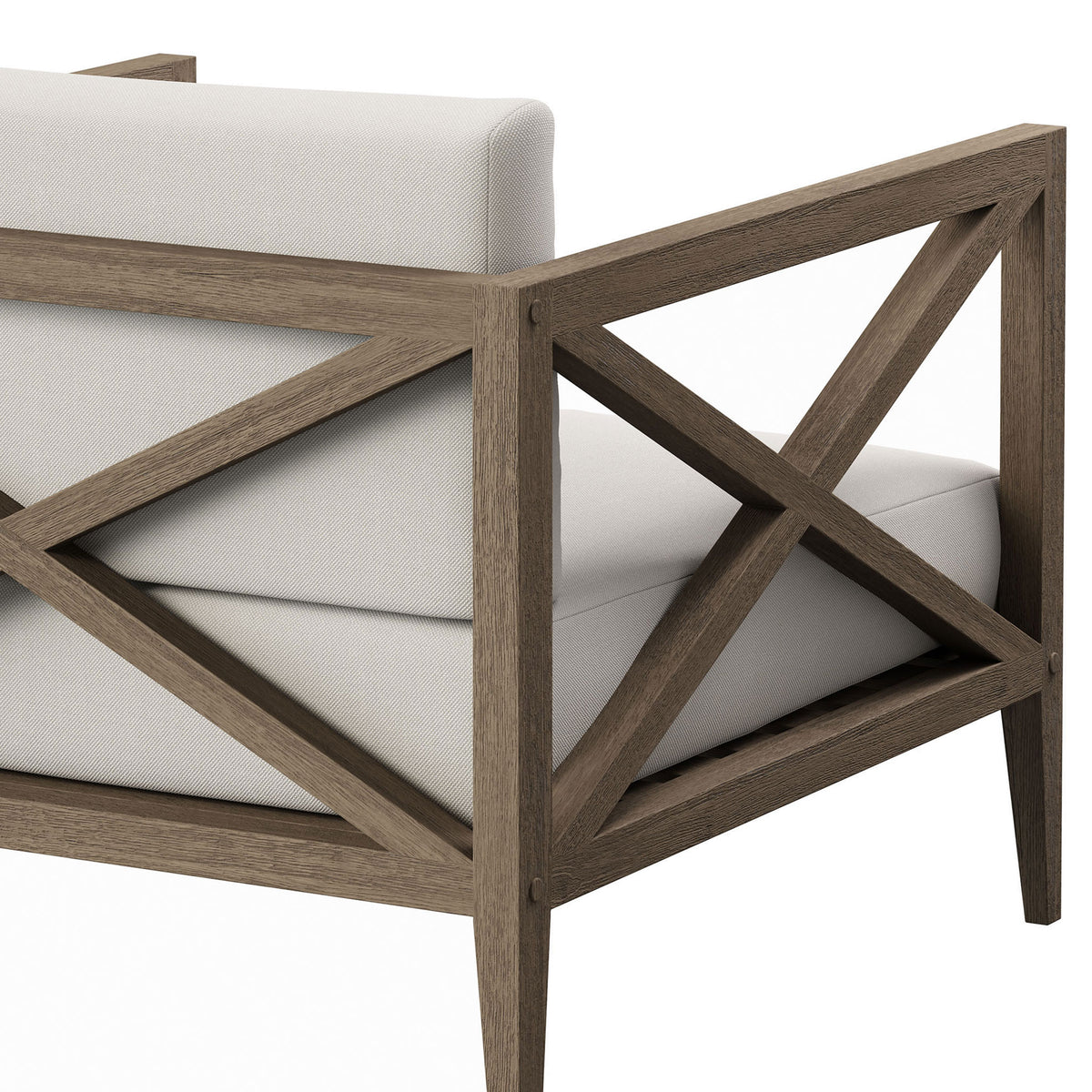 Fine detail of the weathered teak cross-back and smooth white cushions on the Northlake patio chair || EEI-7252-WGR-WHI || detail_studio