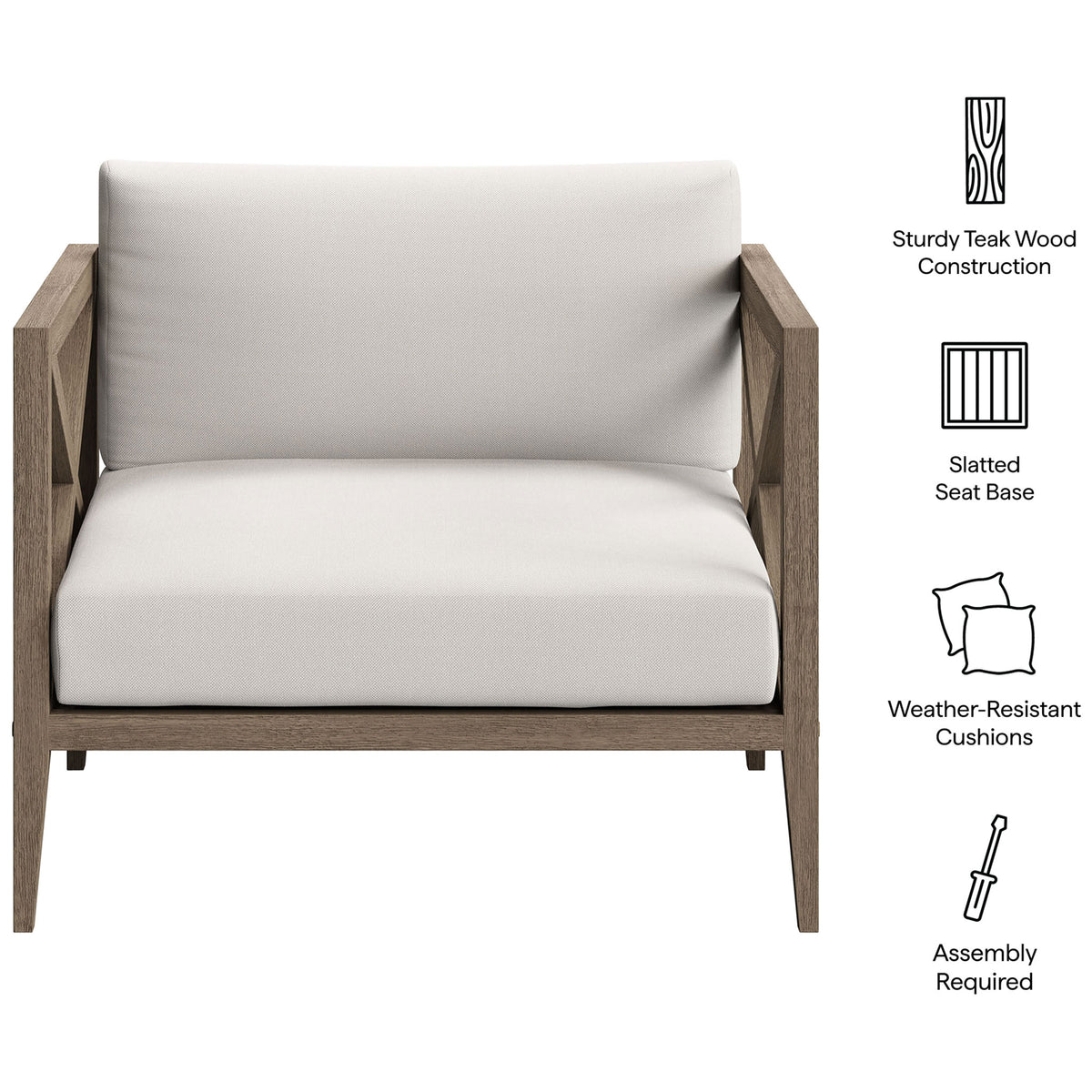 White cushion Northlake teak armchair with icons highlighting wood construction, slatted base, and cushions || EEI-7252-WGR-WHI || callout_studio