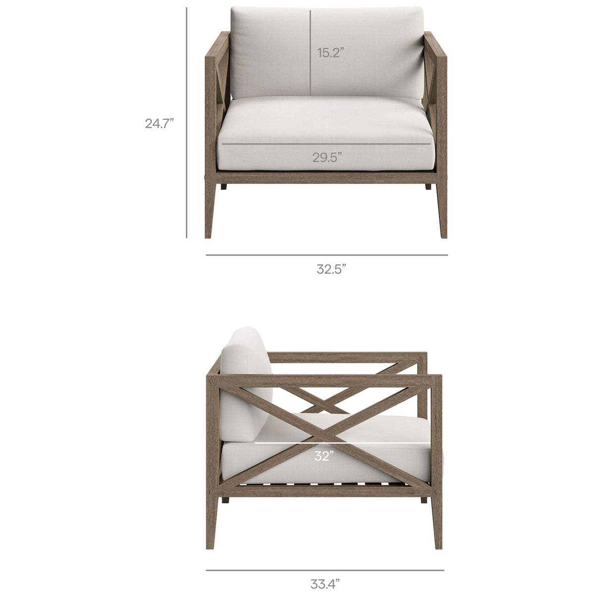 Size chart for the Northlake white cushion armchair presenting overall dimensions and generous seat depth || EEI-7252-WGR-WHI || dimension_studio