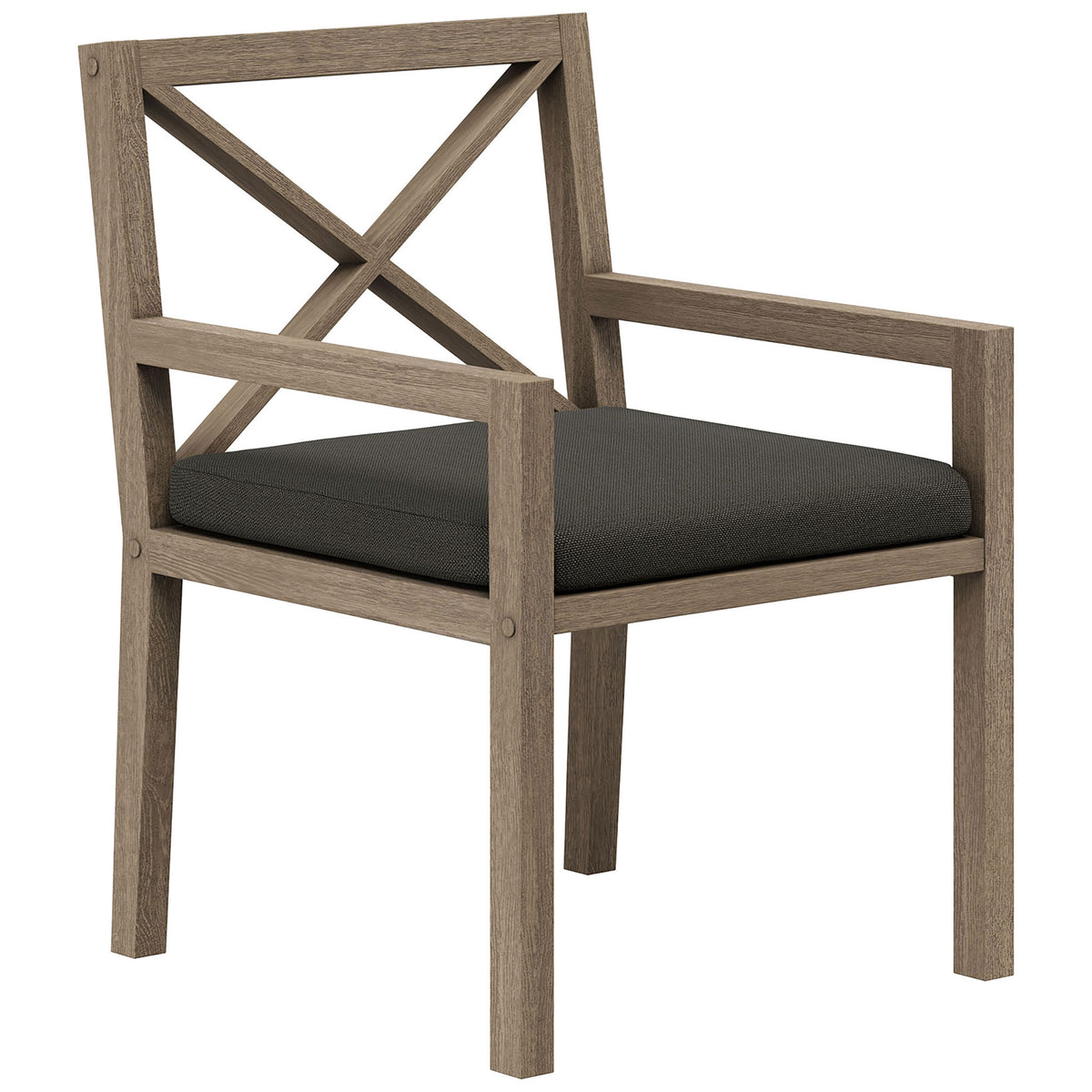 Teak dining chair features square arms, a deep charcoal seat cushion, and clean modern lines. || EEI-7253-WGR-FLI || front_angle_studio