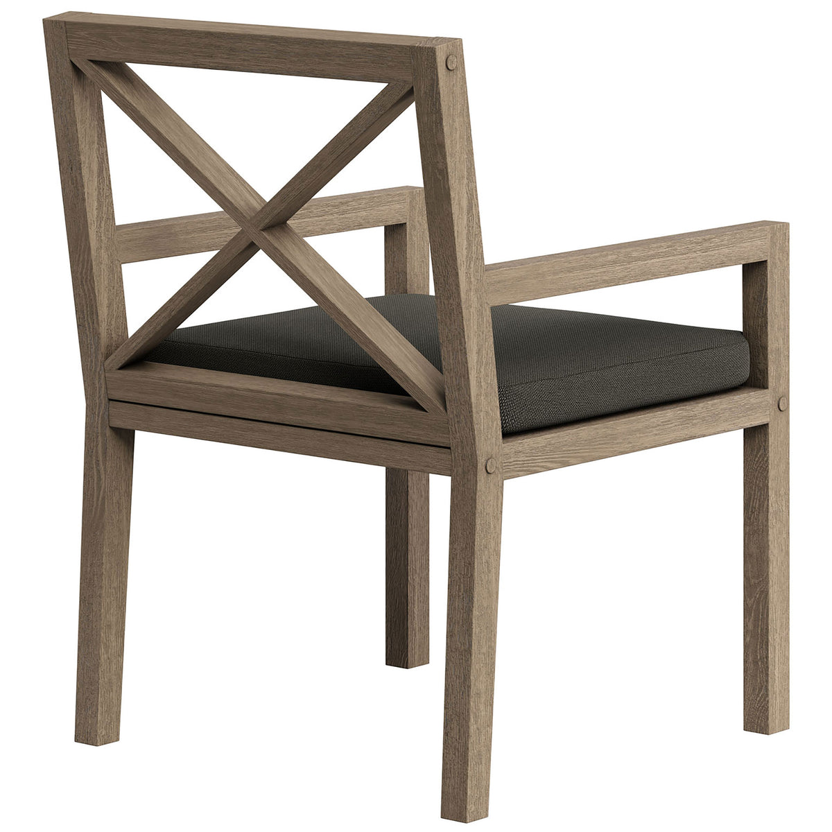 Cross-back detailing and reinforced rear legs underline the chair's sturdy teak construction. || EEI-7253-WGR-FLI || back_angle_studio