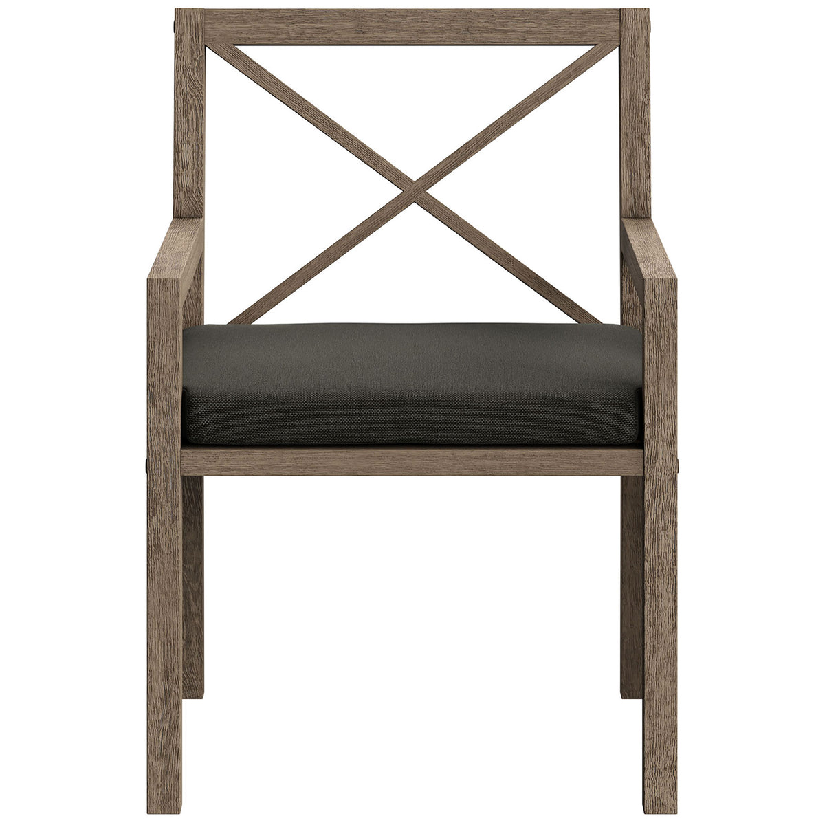 Weathered teak outdoor dining armchair with charcoal cushion and bold cross-back frame. || EEI-7253-WGR-FLI || front_studio