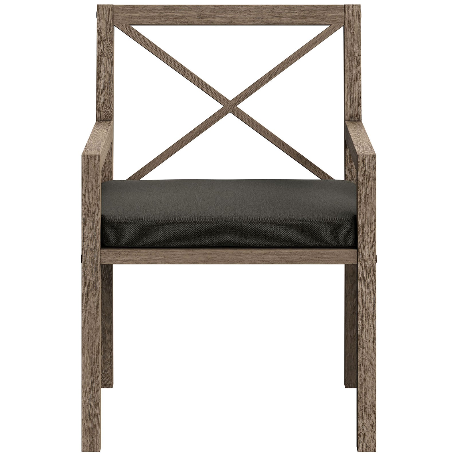 Weathered teak outdoor dining armchair with charcoal cushion and bold cross-back frame. || EEI-7253-WGR-FLI || front_studio