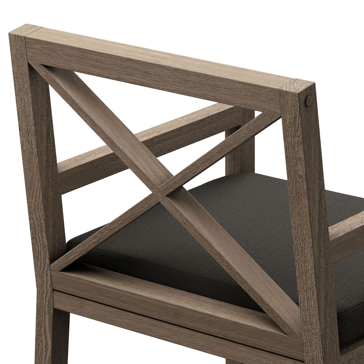 Refined X-back joinery, smooth wood grain, and crisp charcoal cushion texture stand out. || EEI-7253-WGR-FLI || detail_studio