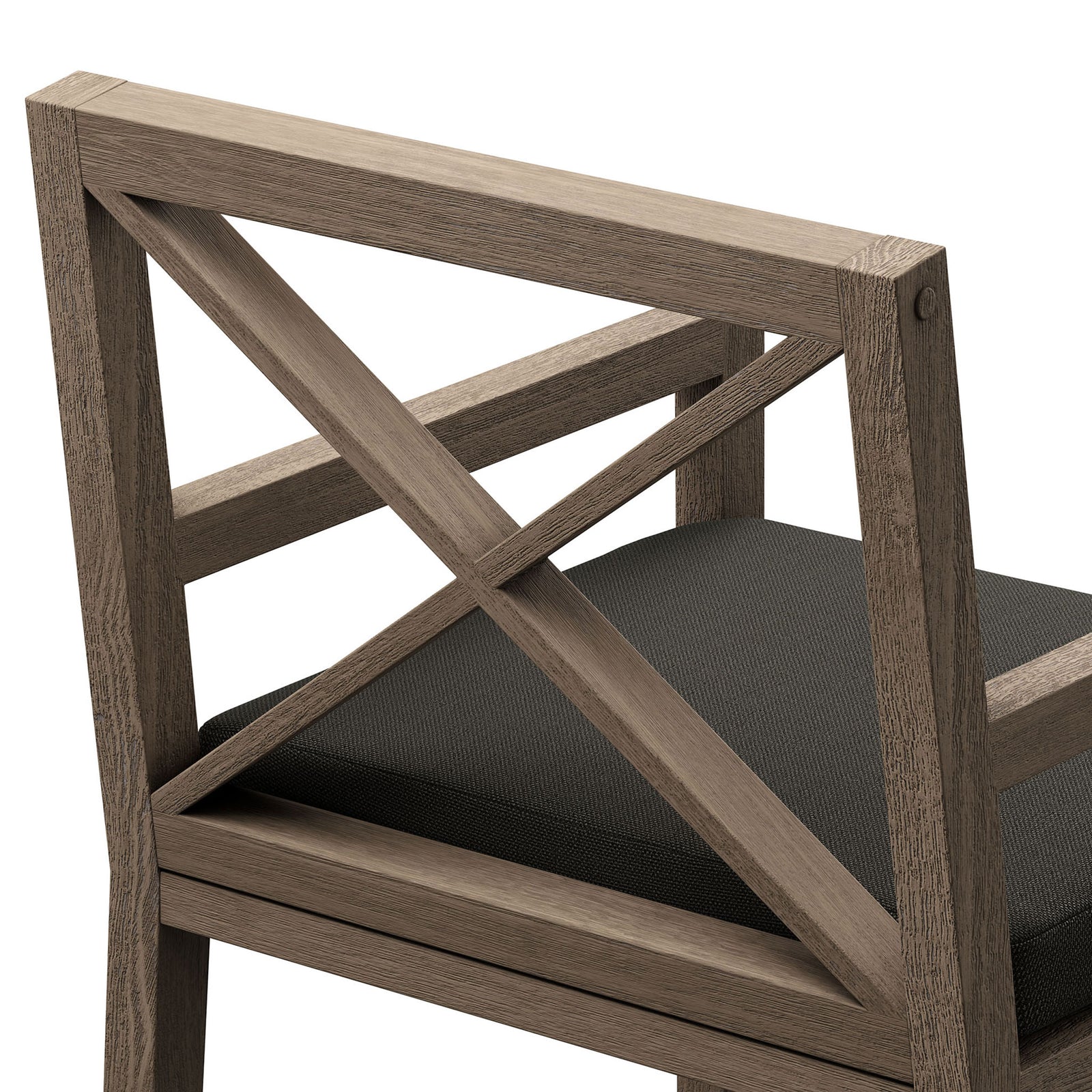 Refined X-back joinery, smooth wood grain, and crisp charcoal cushion texture stand out. || EEI-7253-WGR-FLI || detail_studio