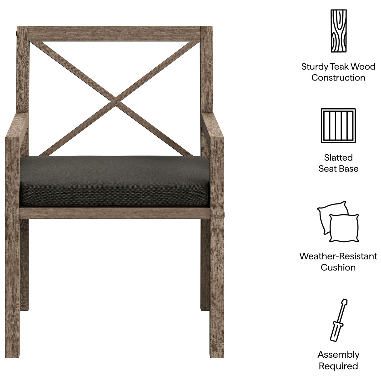 Feature graphic lists sturdy teak frame, slatted seat base, weather resistant cushion, and easy assembly. || EEI-7253-WGR-FLI || callout_studio