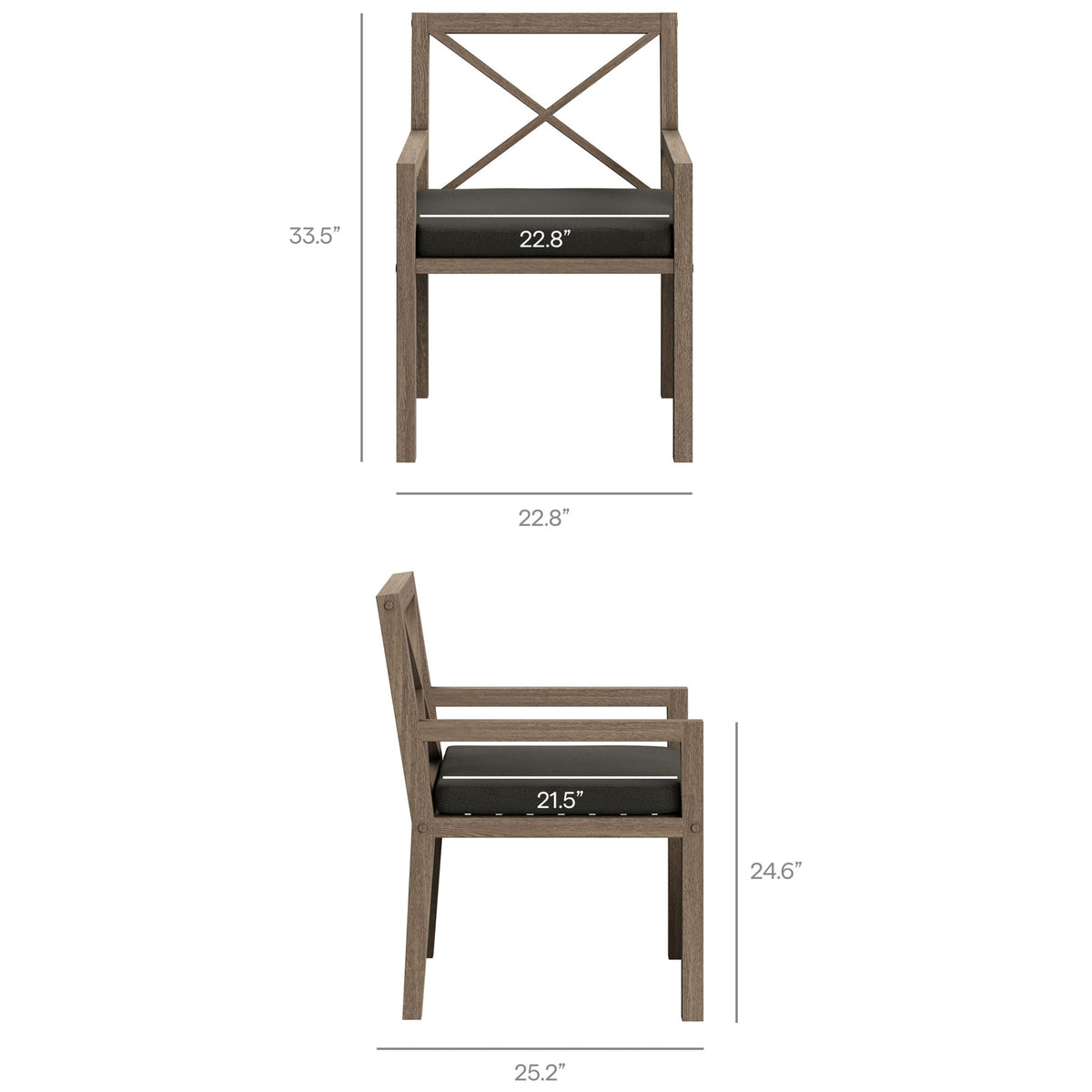 Dimension diagram shows overall chair height, seat width, and generous depth for comfortable outdoor dining. || EEI-7253-WGR-FLI || dimension_studio