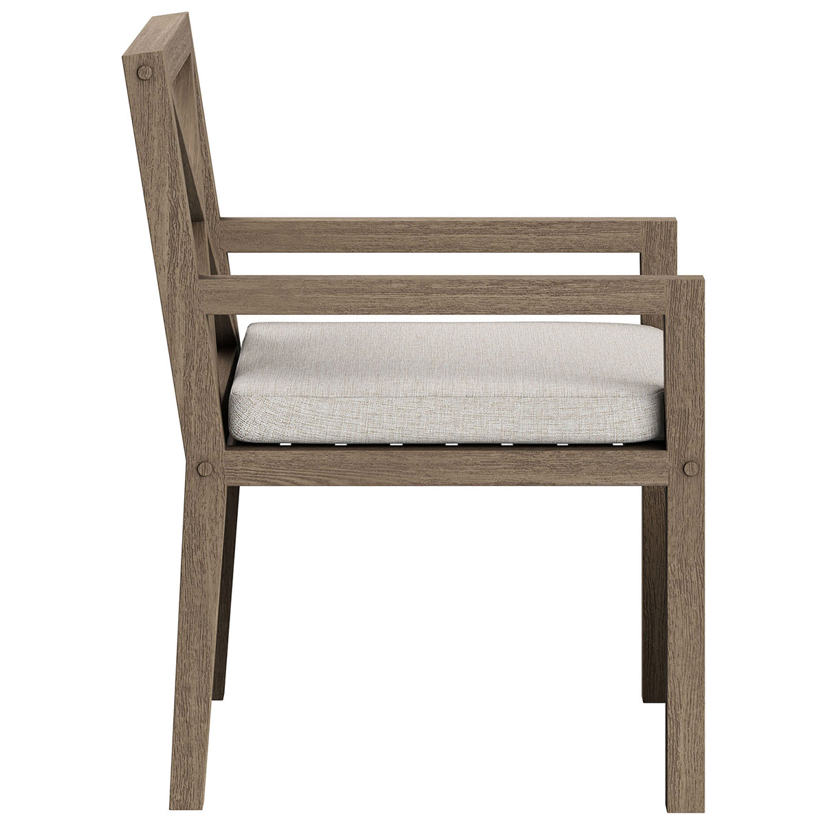 Straight arms and squared legs emphasize the chair's sturdy teak frame and supportive seat cushion. || EEI-7253-WGR-PEB || side_studio
