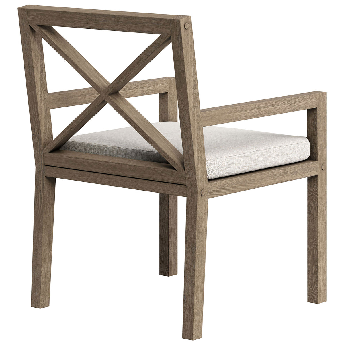 X-back pattern and reinforced rear stretchers highlight the chair's durable teak construction. || EEI-7253-WGR-PEB || back_angle_studio