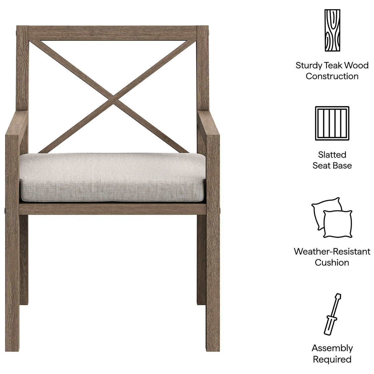 Feature layout notes teak construction, slatted seat base, weather resistant cushion, and easy assembly. || EEI-7253-WGR-PEB || callout_studio