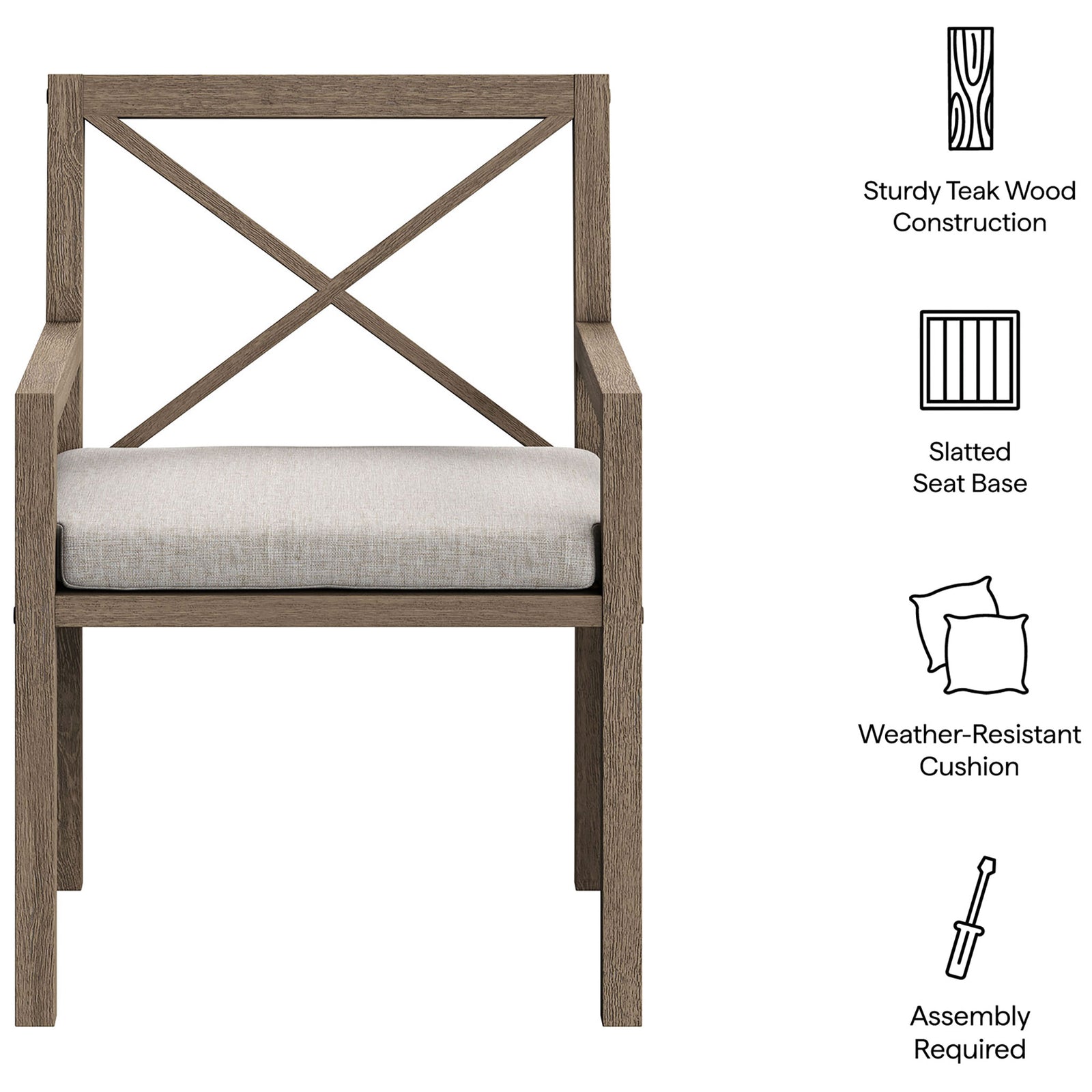 Feature layout notes teak construction, slatted seat base, weather resistant cushion, and easy assembly. || EEI-7253-WGR-PEB || callout_studio