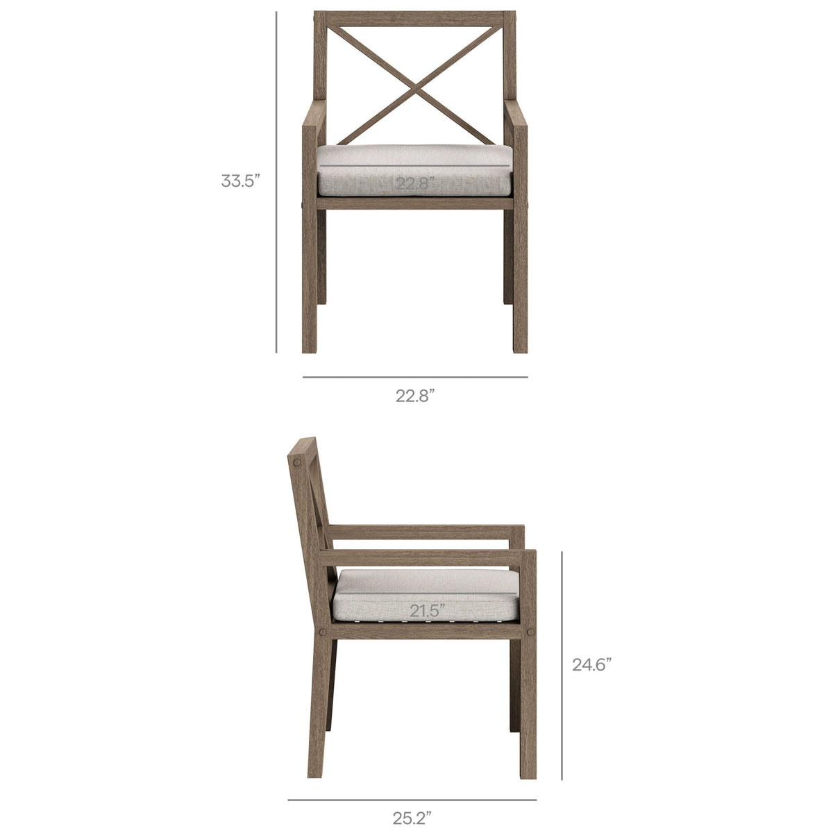 Measurement graphic details chair height, width, and seat depth to help plan your outdoor layout. || EEI-7253-WGR-PEB || dimension_studio