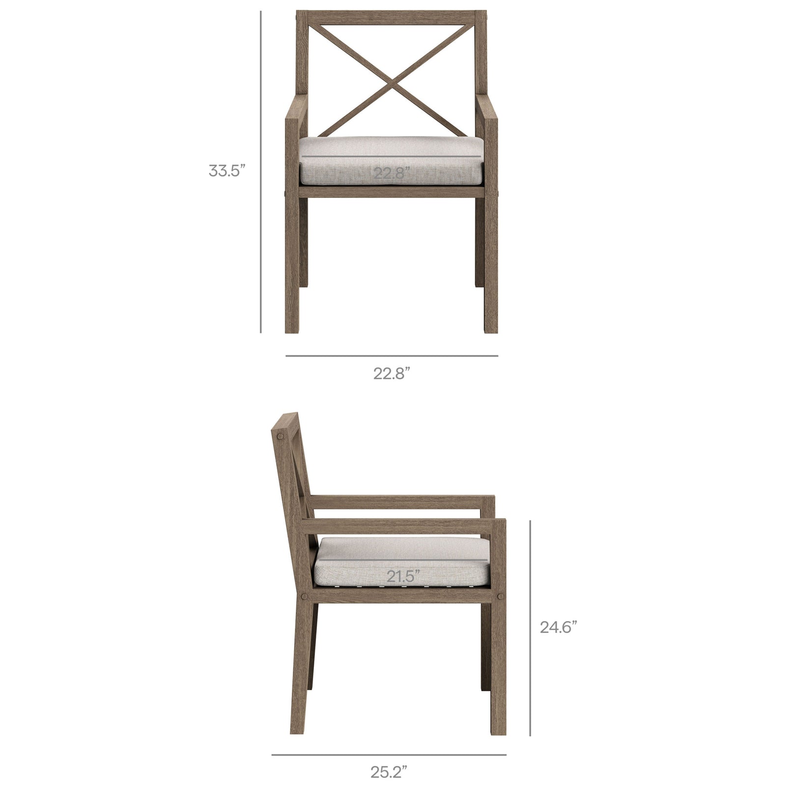 Measurement graphic details chair height, width, and seat depth to help plan your outdoor layout. || EEI-7253-WGR-PEB || dimension_studio