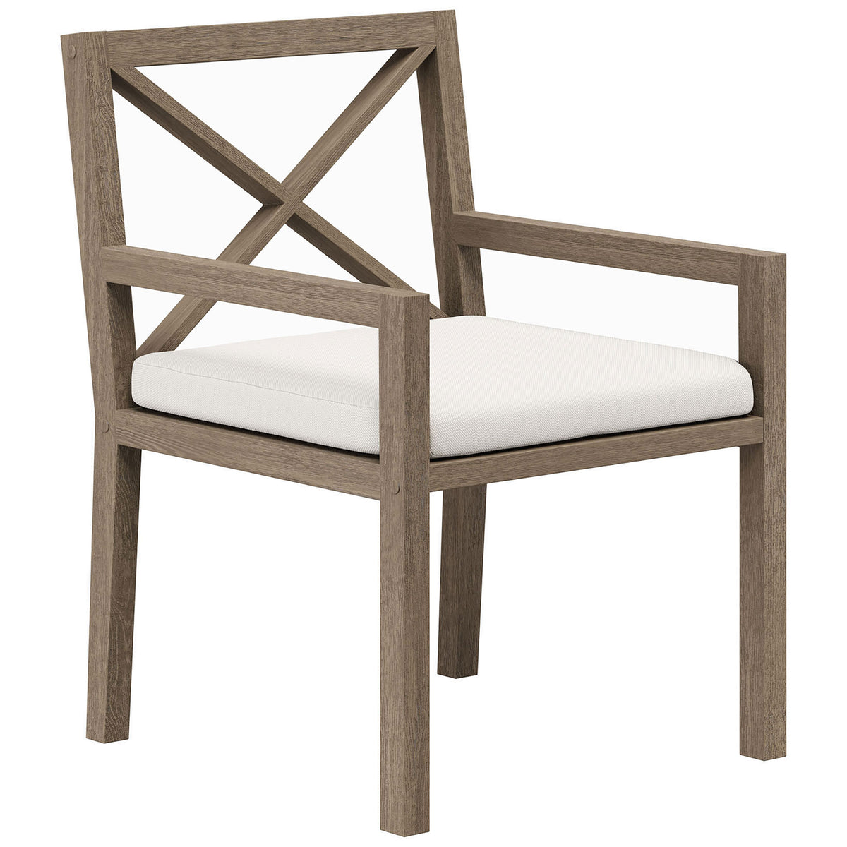 Teak outdoor dining chair pairs clean lines with a bright white cushion for fresh patio seating. || EEI-7253-WGR-WHI || front_angle_studio