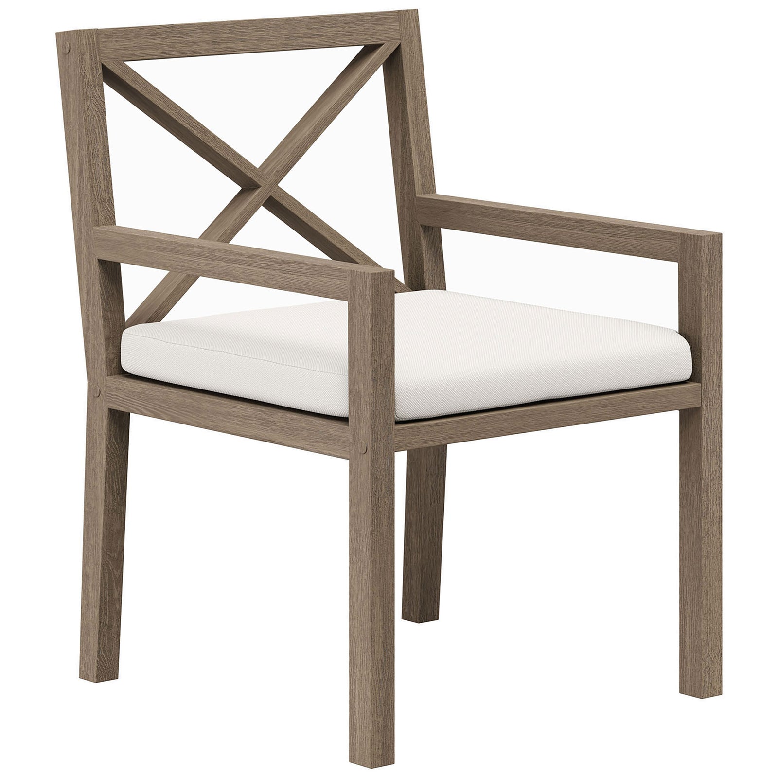 Teak outdoor dining chair pairs clean lines with a bright white cushion for fresh patio seating. || EEI-7253-WGR-WHI || front_angle_studio