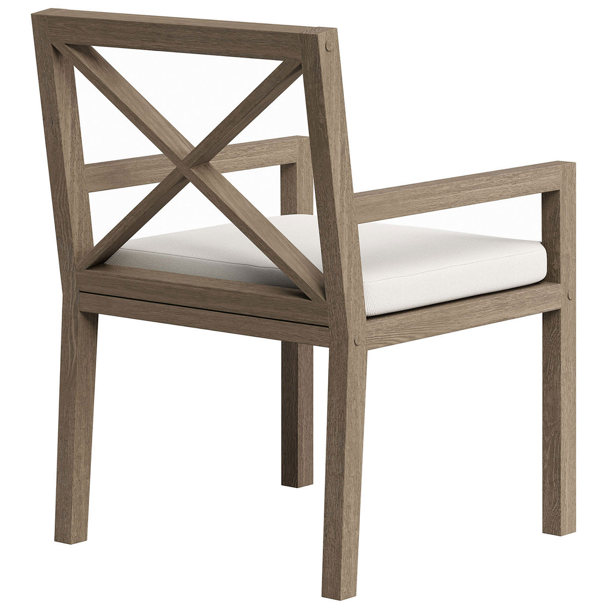 Cross-back design and sturdy rear legs emphasize the chair's durable teak construction. || EEI-7253-WGR-WHI || back_angle_studio