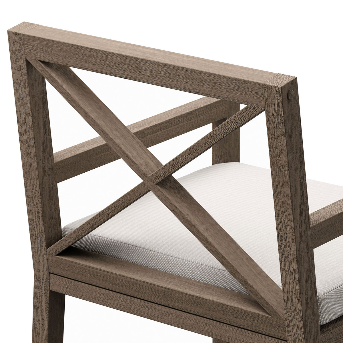 Fine X-back joinery, smooth teak grain, and a tailored white cushion showcase thoughtful detailing. || EEI-7253-WGR-WHI || detail_studio