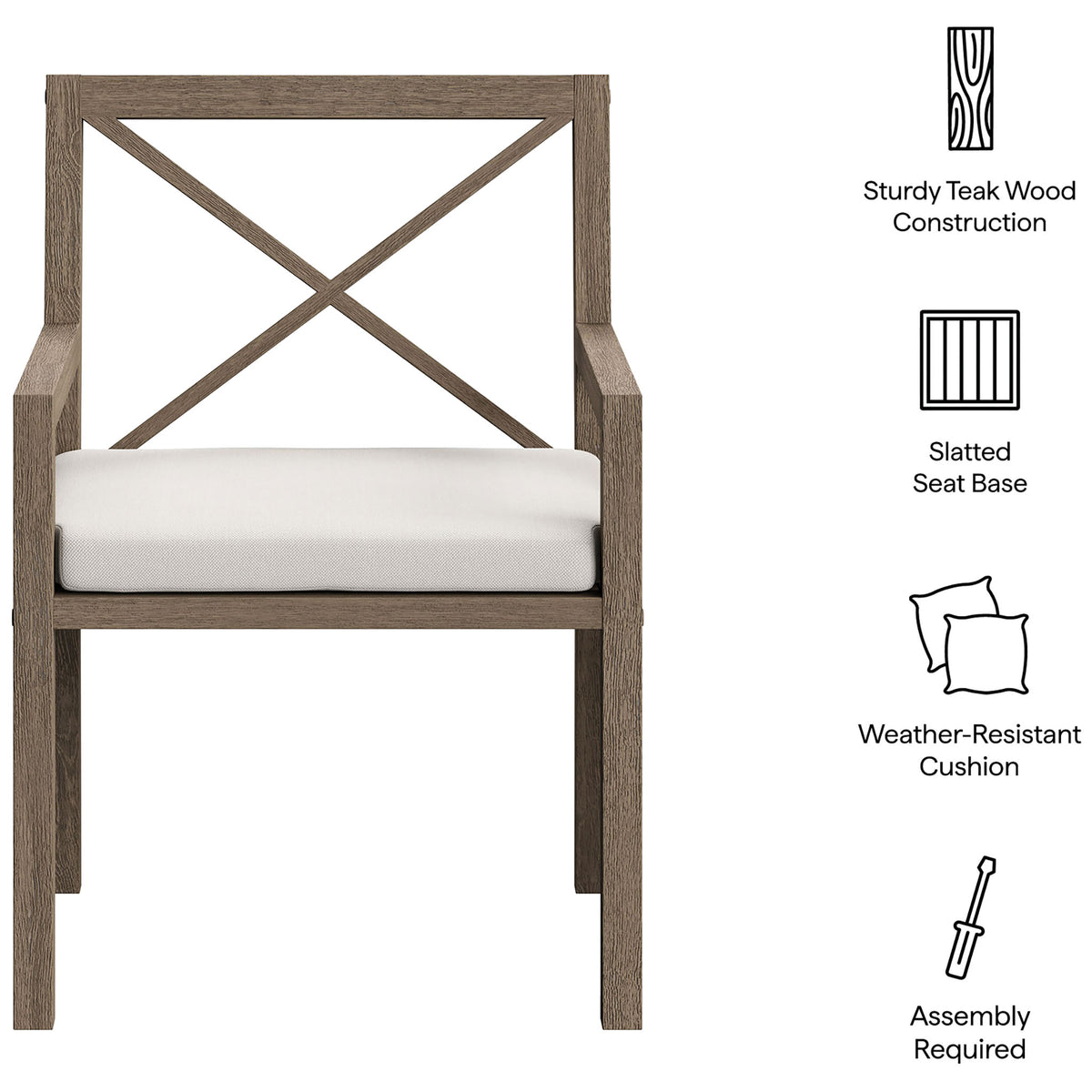 Graphic highlights teak construction, slatted seat base, weather resistant cushion, and easy assembly. || EEI-7253-WGR-WHI || callout_studio