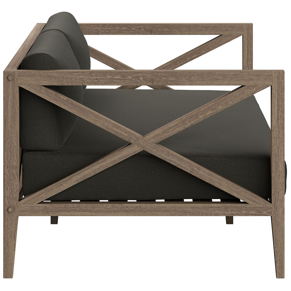Slender teak arms and tapered legs frame the flint gray cushions for a clean, coastal-inspired look. || EEI-7254-WGR-FLI || side_studio