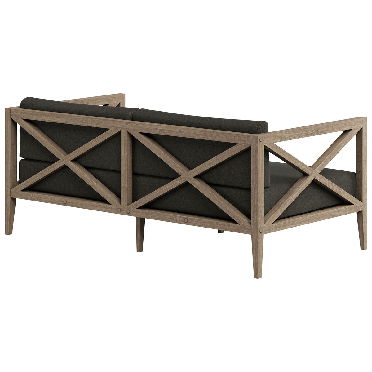 Open cross-back teak frame and supportive back cushions bring airy style to this flint gray outdoor loveseat. || EEI-7254-WGR-FLI || back_angle_studio