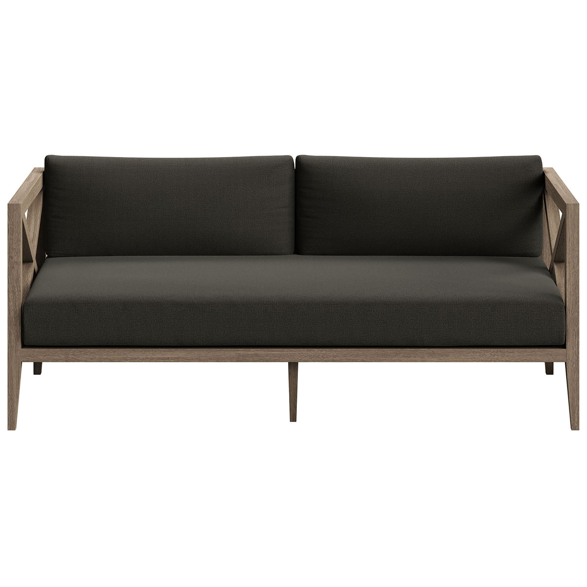 Teak outdoor loveseat with flint gray cushions and cross-back arms for relaxed, modern patio seating. || EEI-7254-WGR-FLI || front_studio