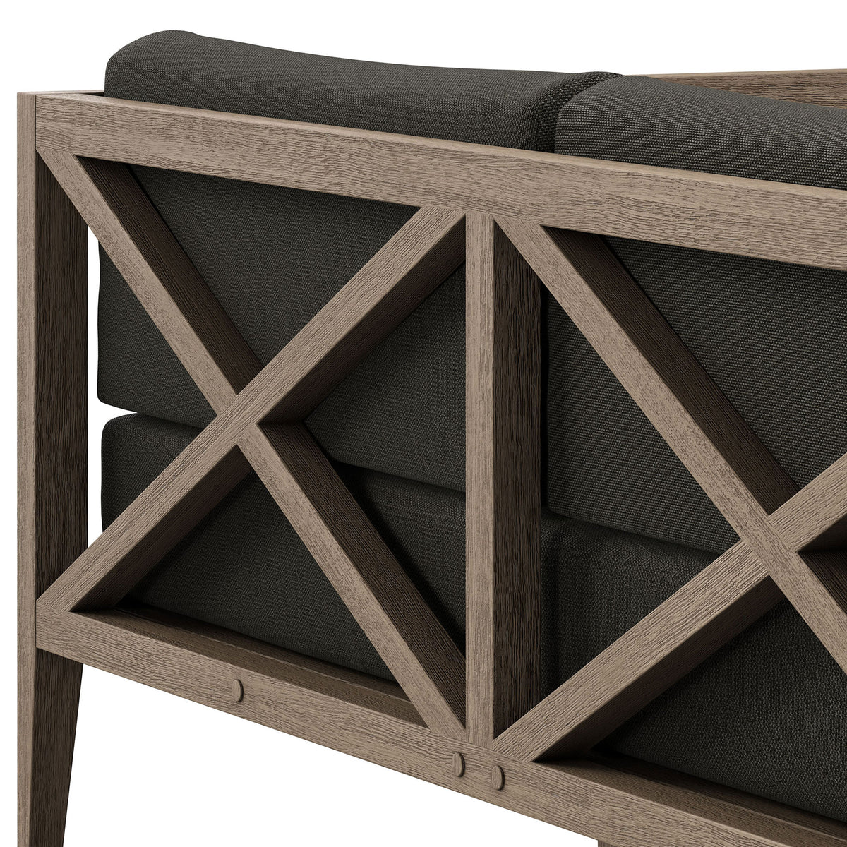 Detail of the teak cross-brace and layered flint gray cushions showcases durable outdoor craftsmanship. || EEI-7254-WGR-FLI || detail_studio