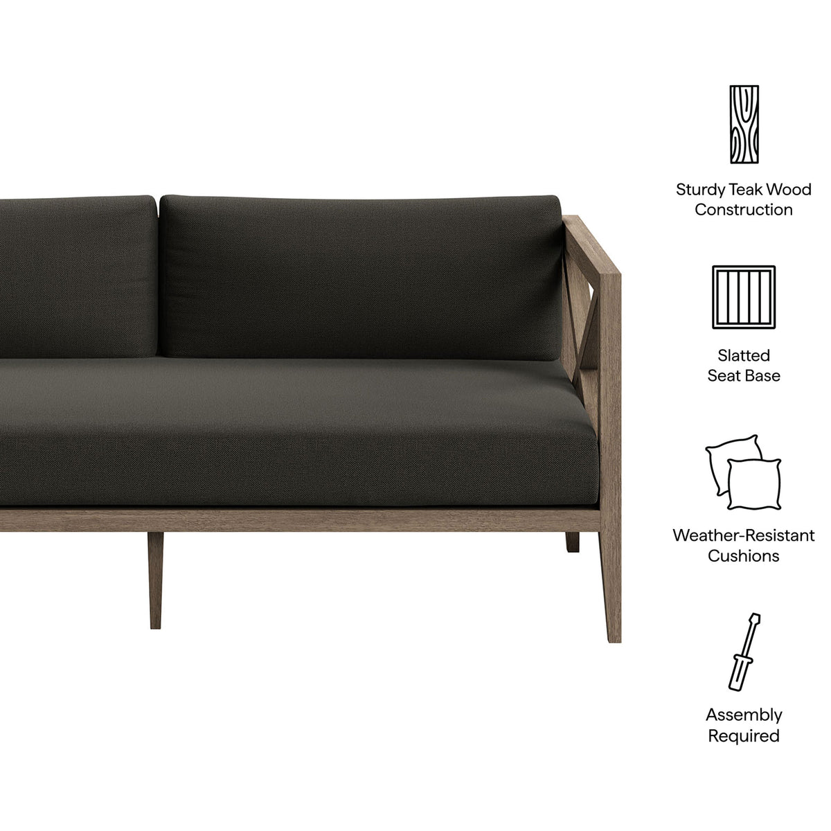 Feature icons highlight the teak frame, slatted seat base, and weather-resistant cushions of this outdoor loveseat. || EEI-7254-WGR-FLI || callout_studio