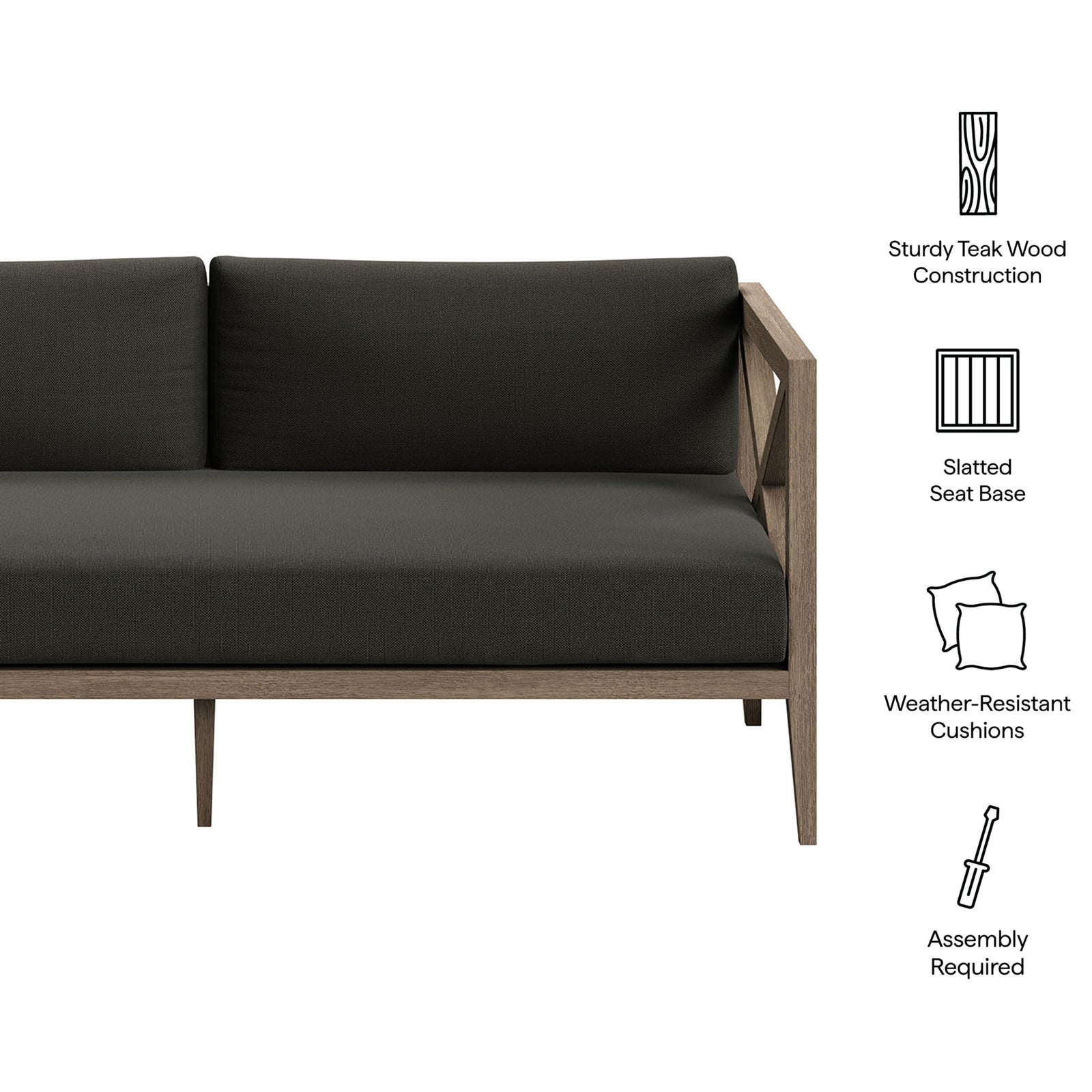 Feature icons highlight the teak frame, slatted seat base, and weather-resistant cushions of this outdoor loveseat. || EEI-7254-WGR-FLI || callout_studio
