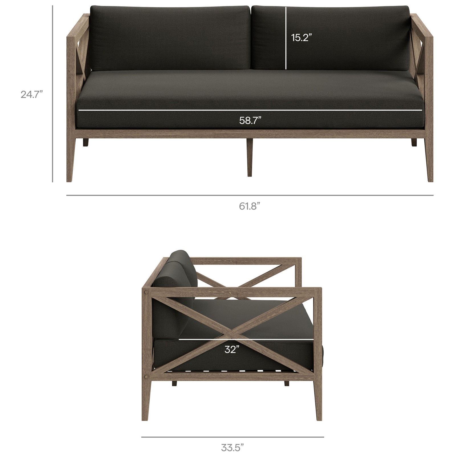Measurement details for the Northlake teak loveseat ensure flint gray seating fits your patio layout. || EEI-7254-WGR-FLI || dimension_studio
