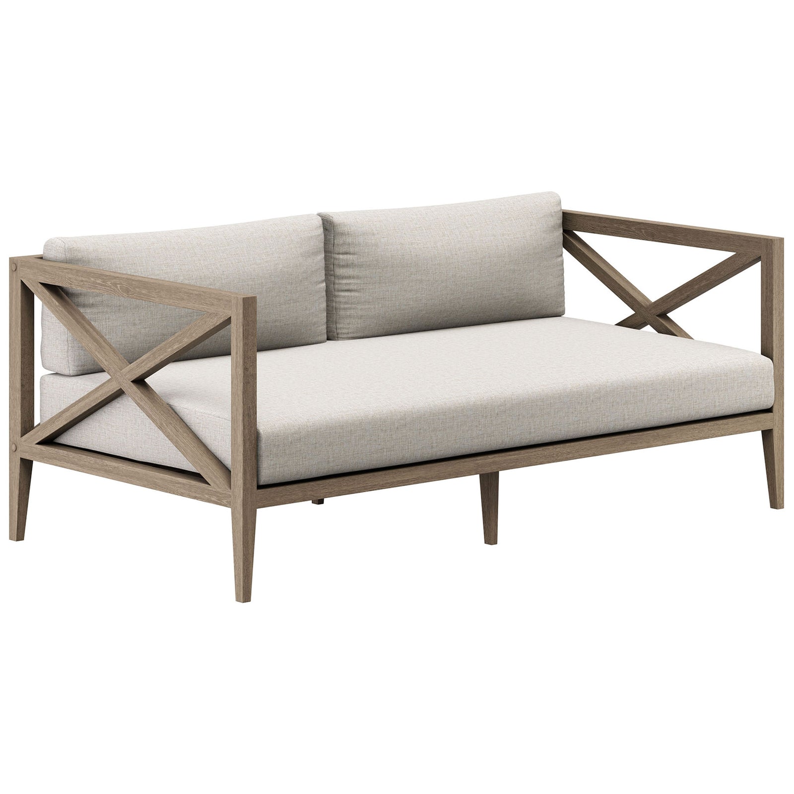 Northlake teak loveseat pairs a weathered frame with soft pebble cushions for resort-worthy comfort. || EEI-7254-WGR-PEB || front_angle_studio