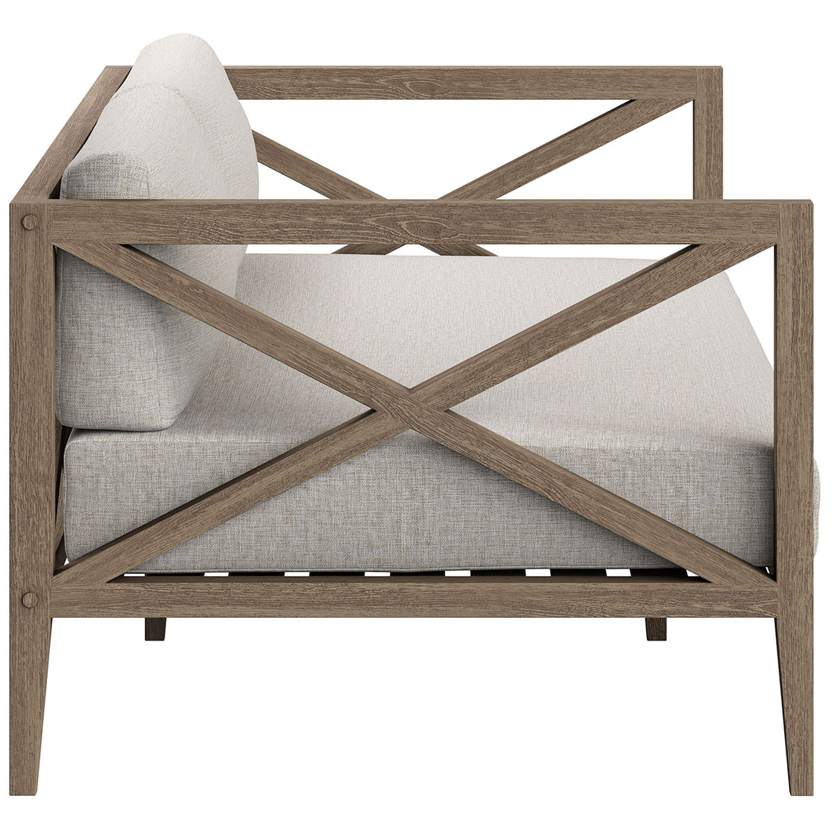 Slender teak arms and tapered legs frame the pebble cushions for a clean, coastal-inspired look. || EEI-7254-WGR-PEB || side_studio
