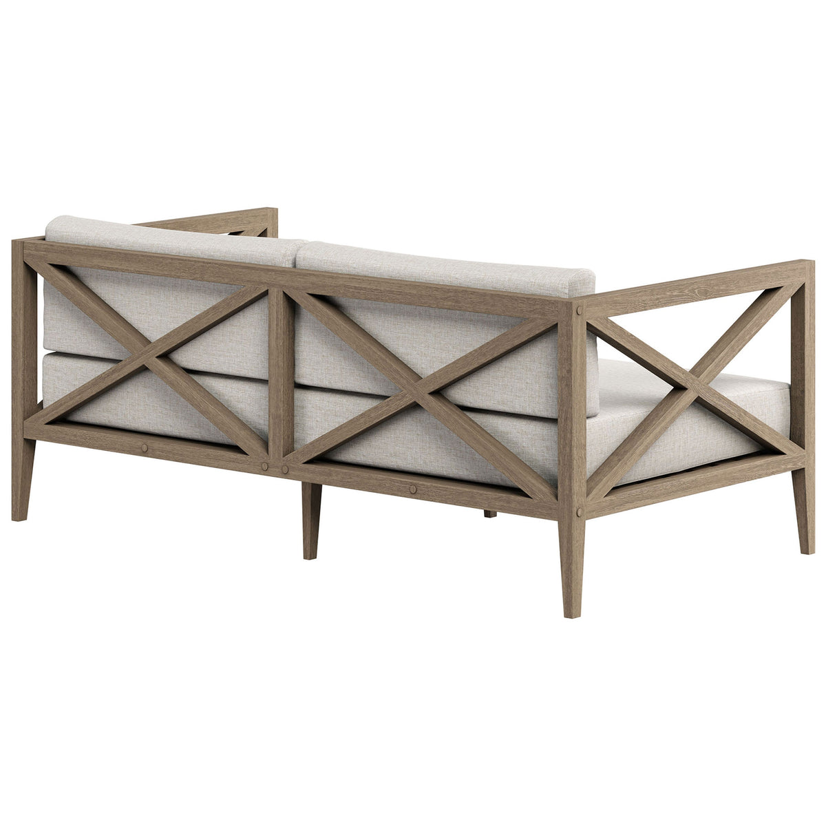 Open cross-back teak frame and supportive back cushions bring airy style to this pebble outdoor loveseat. || EEI-7254-WGR-PEB || back_angle_studio