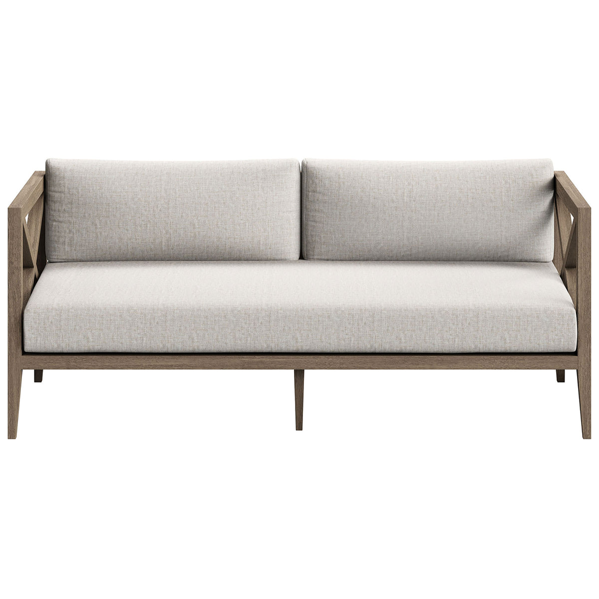 Teak outdoor loveseat with pebble cushions and cross-back arms for relaxed, modern patio seating. || EEI-7254-WGR-PEB || front_studio