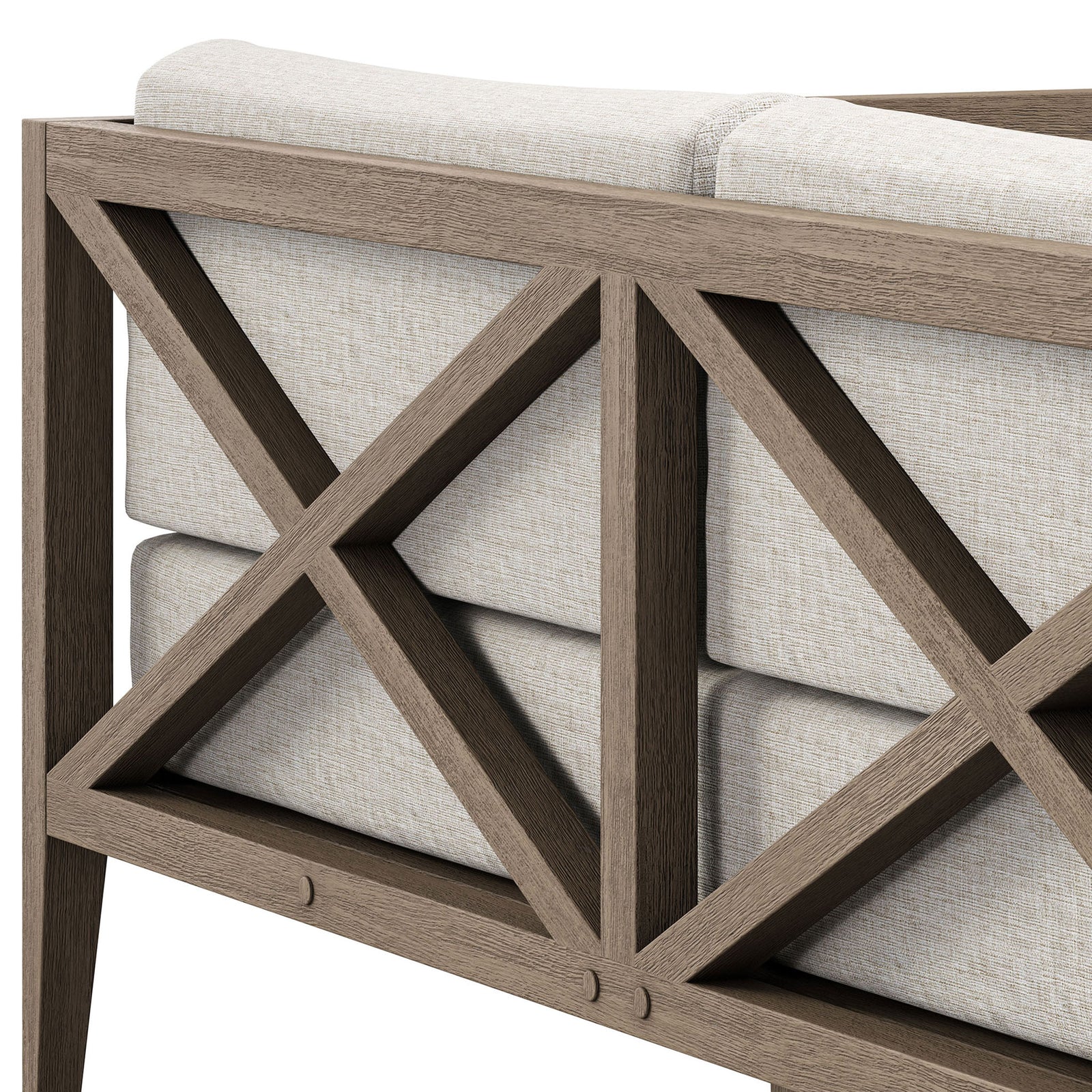 Detail of the teak cross-brace and layered pebble cushions showcases durable outdoor craftsmanship. || EEI-7254-WGR-PEB || detail_studio
