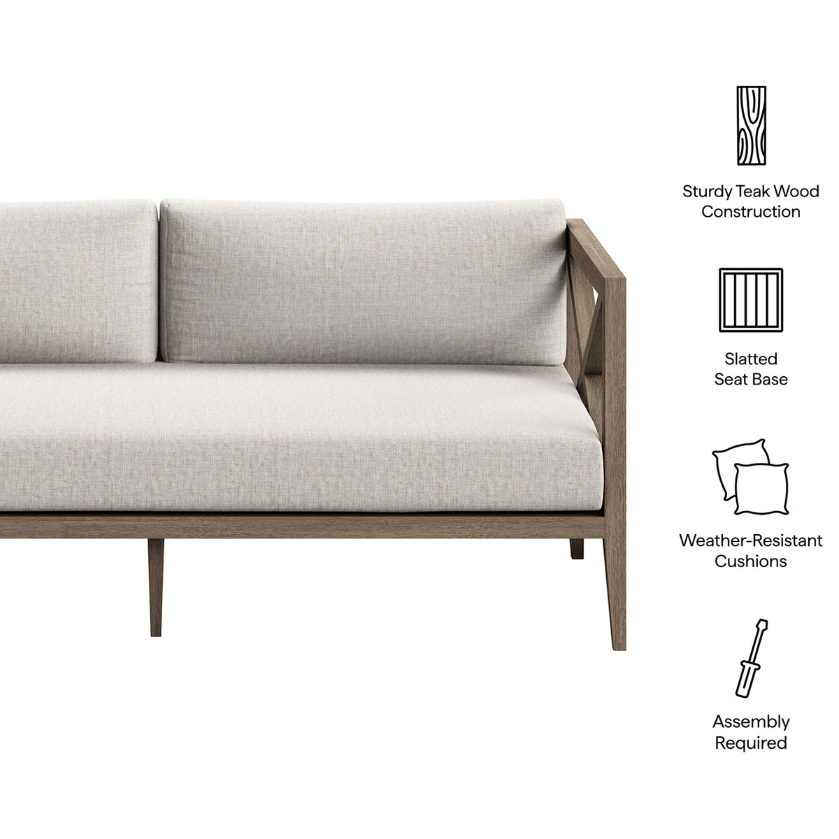 Feature icons highlight the teak frame, slatted seat base, and weather-resistant pebble cushions of this loveseat. || EEI-7254-WGR-PEB || callout_studio