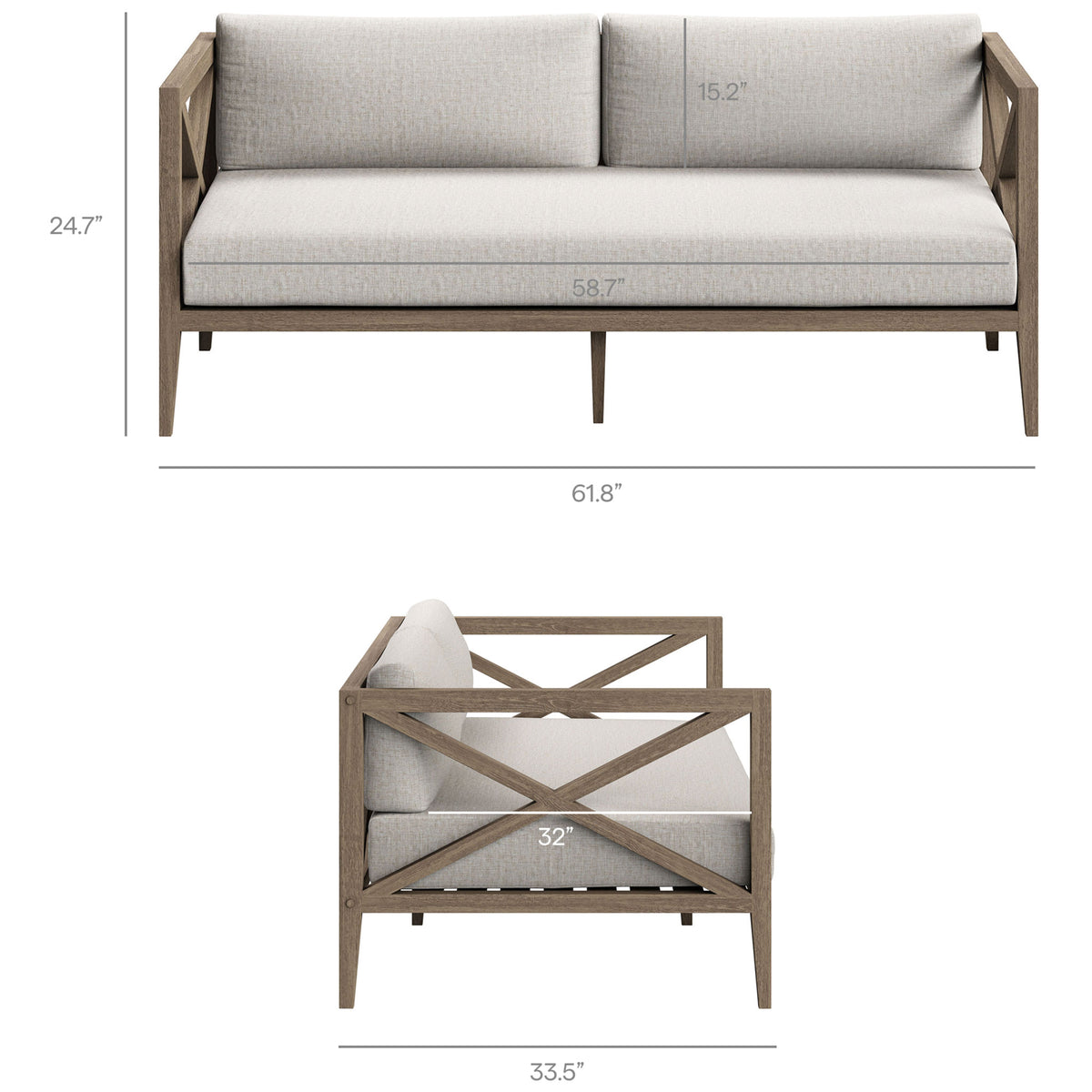 Measurement details for the Northlake teak loveseat ensure pebble seating fits your patio layout. || EEI-7254-WGR-PEB || dimension_studio