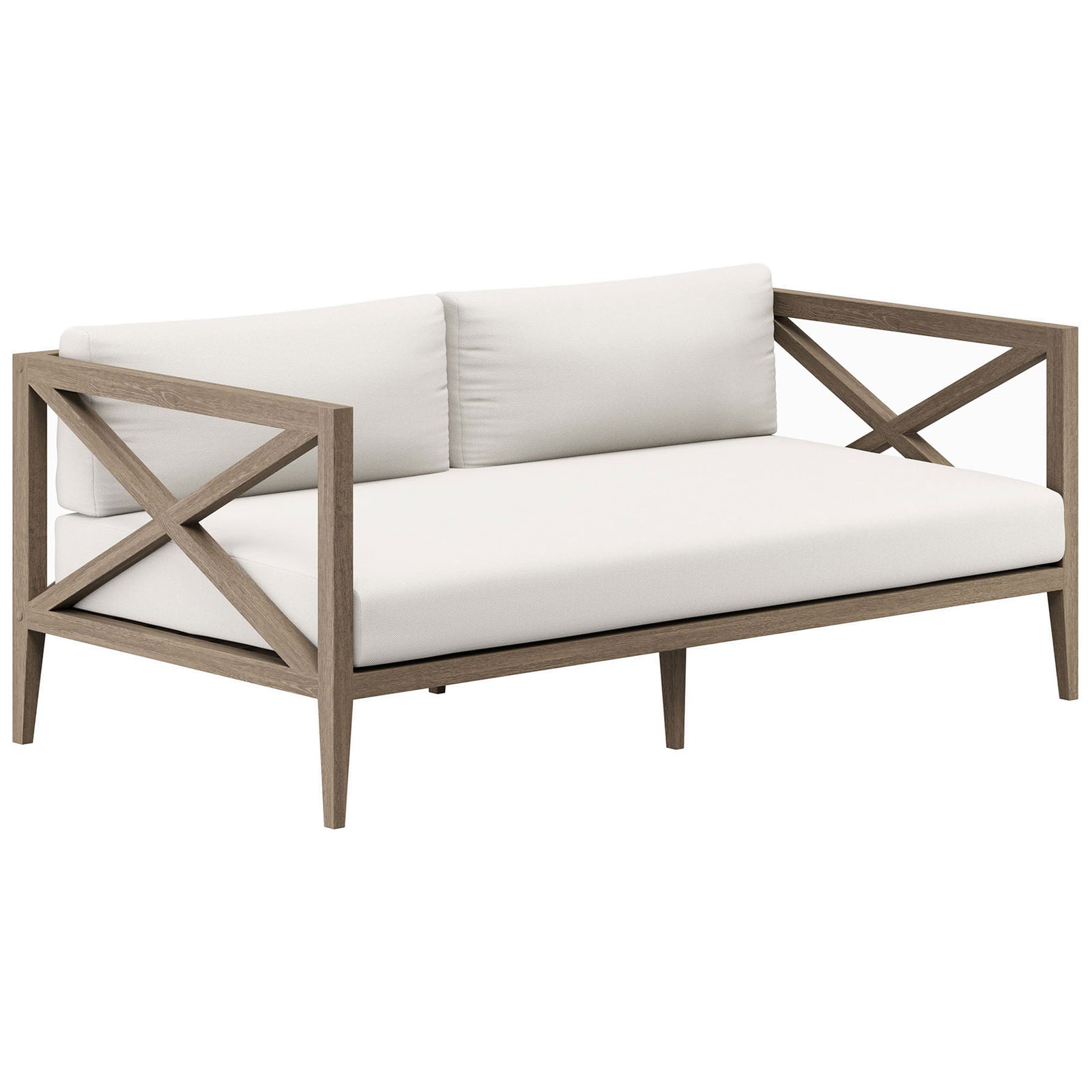 Northlake teak loveseat pairs a weathered gray frame with plush white cushions for resort-worthy comfort. || EEI-7254-WGR-WHI || front_angle_studio